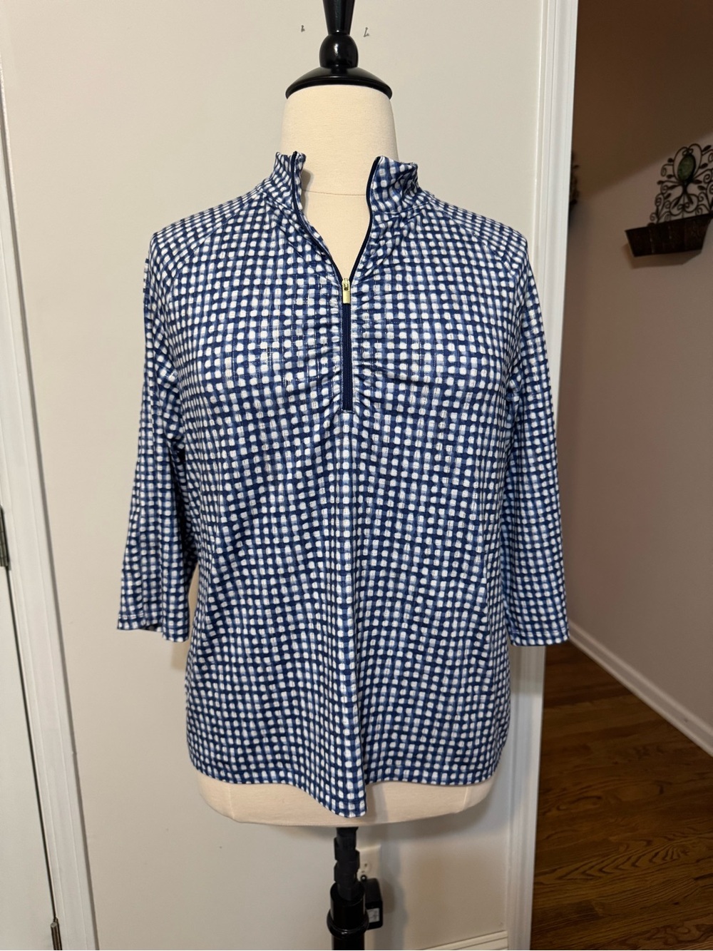 Chico's Navy and White Checked Quarter-Zip Top